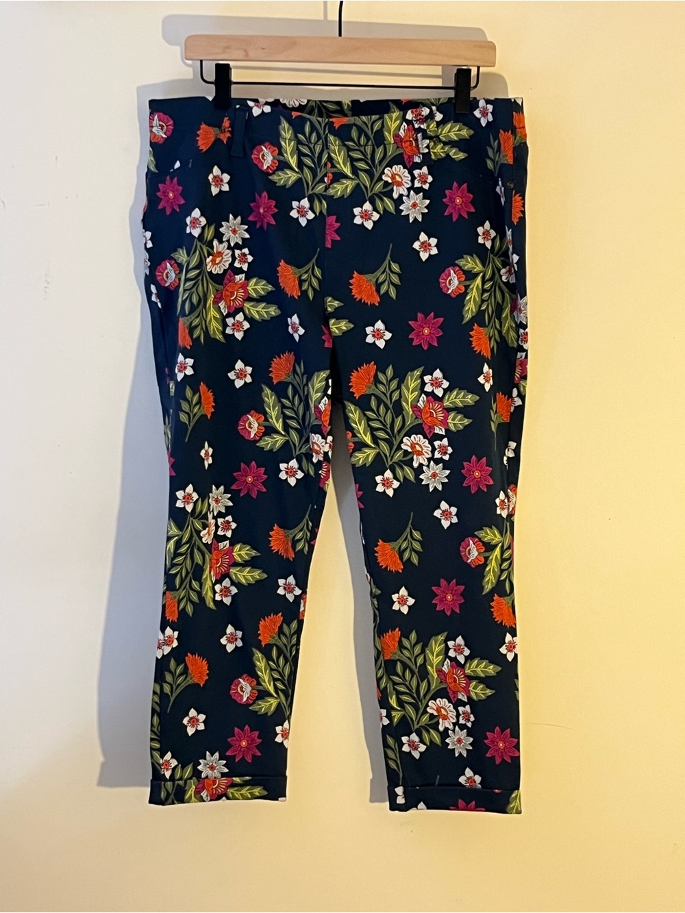 Navy capri leggings with floral print.